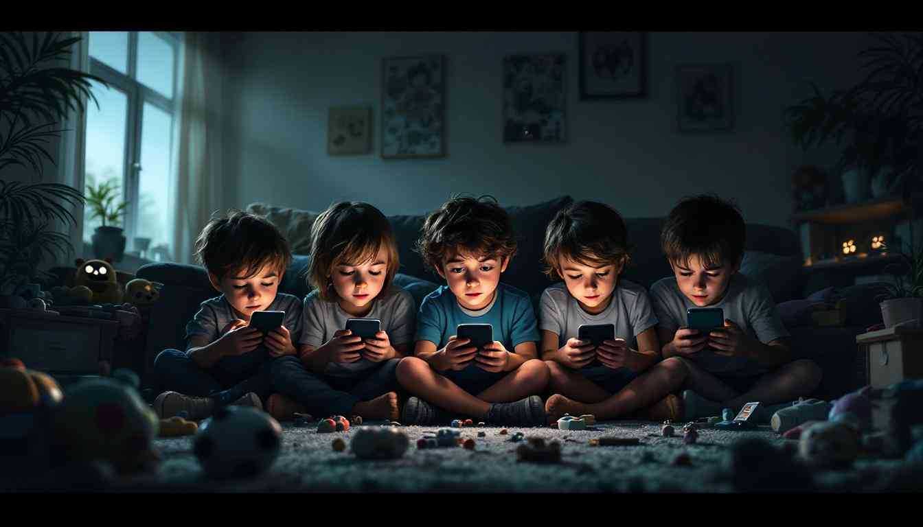 highcompress children smartphone isolation dystopian illustration