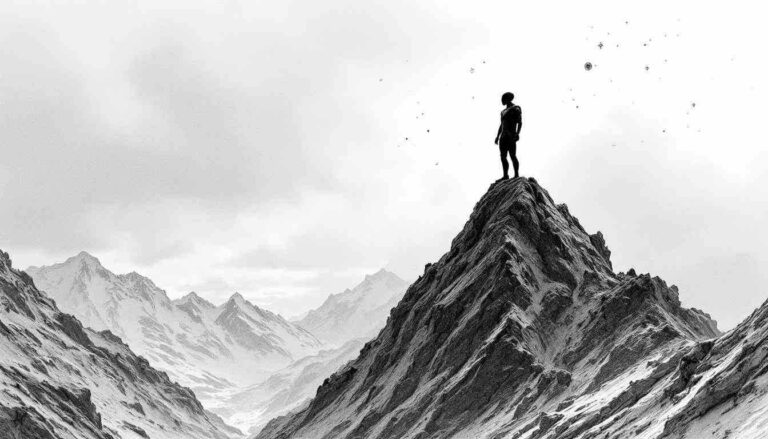 highcompress handdrawn ai humanoid on mountain peak